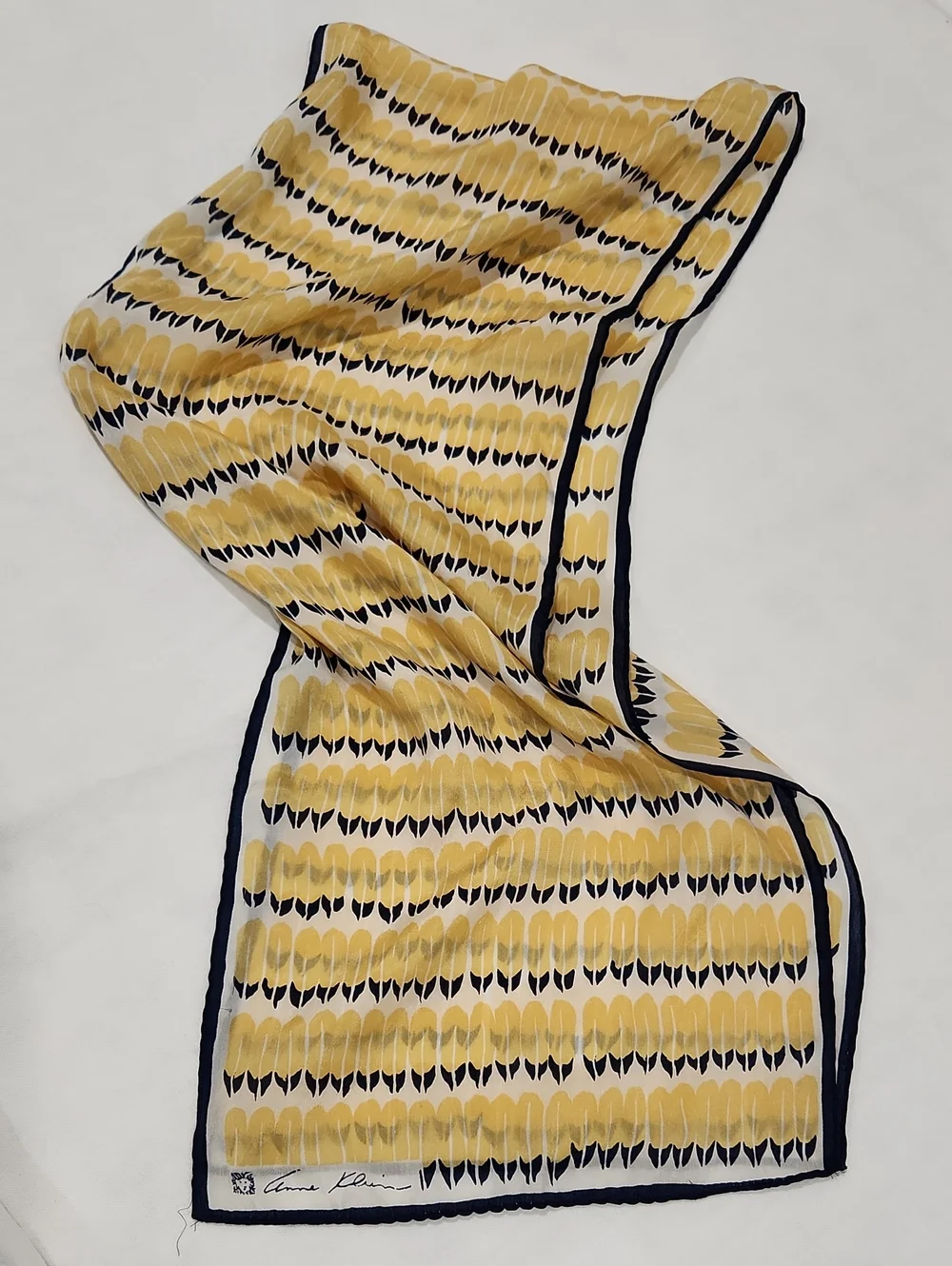 Anne Klein Yellow and Navy Abstract Stripe Silk Scarf with Navy Trim Size 53x10